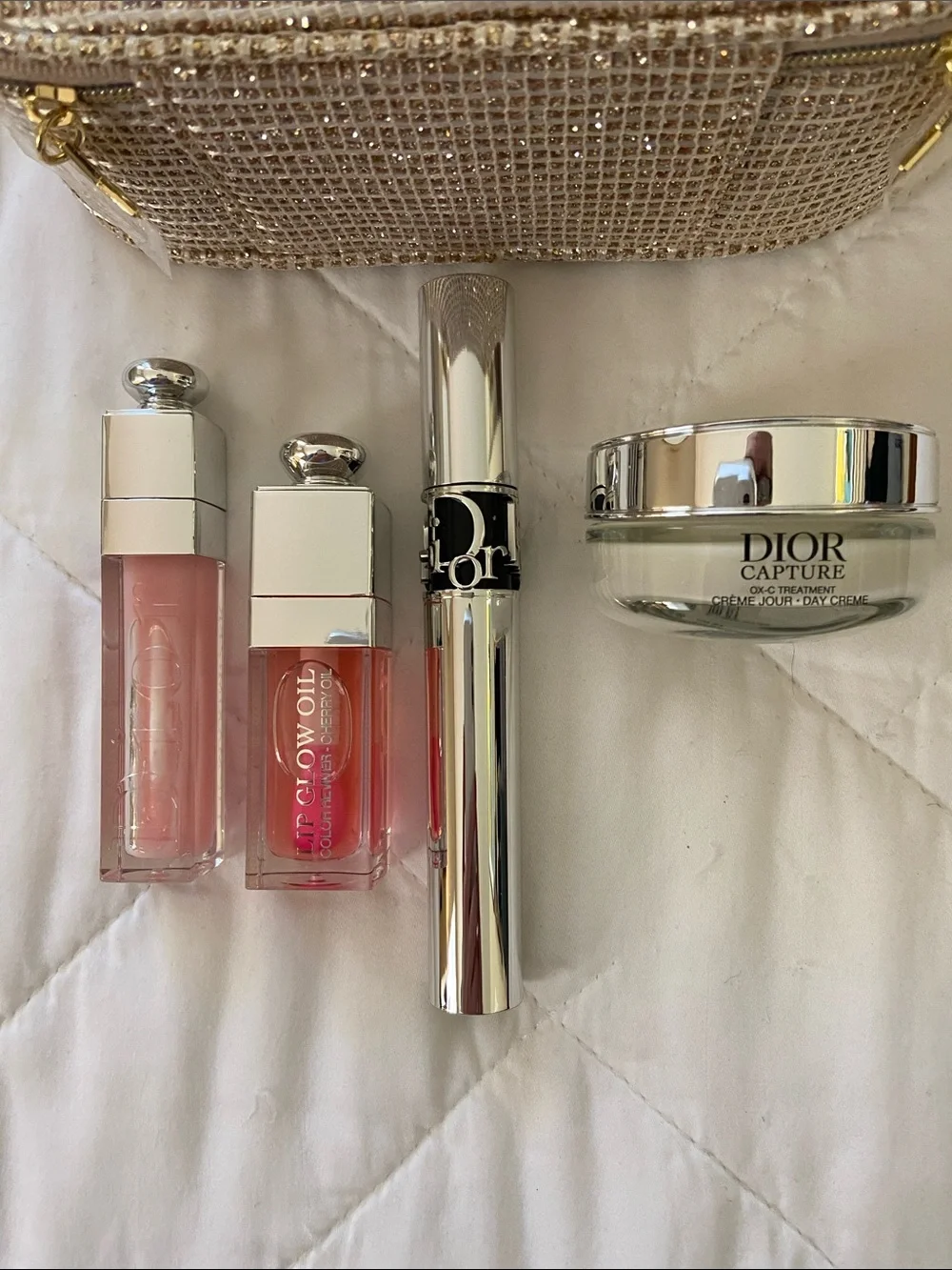 Dior Gold Cosmetic Pouch with Lip essentials, Mascara and Cream